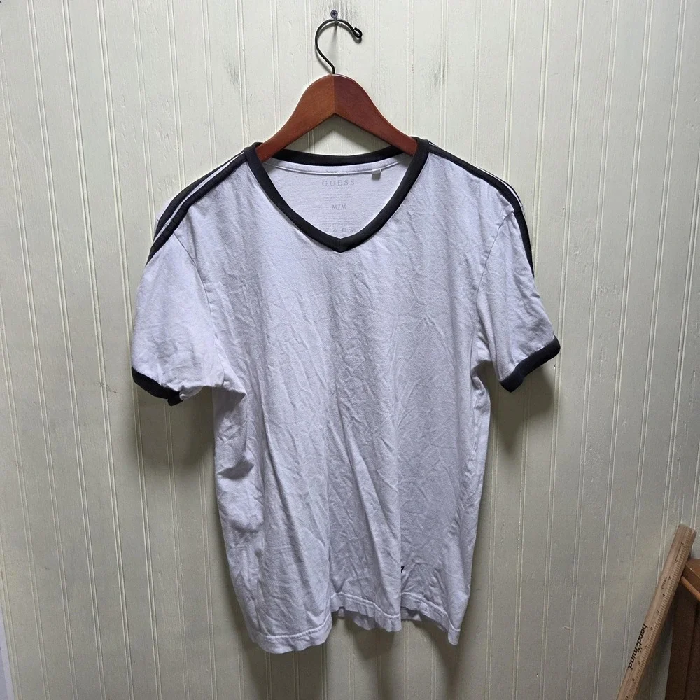 Guess Shirt Mens Medium White V-Neck Ringer Logo Tagless Cotton Jersey Tee - Picture 2 of 8